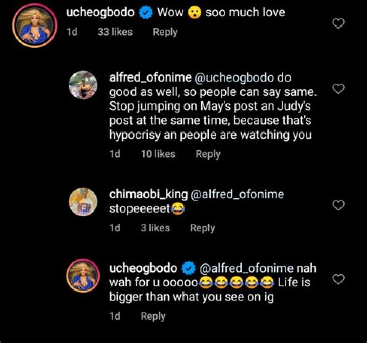 
Uche Ogbodo Claps Back At Troll Who Described Her As A Hypocrite For ‘Jumping From May’s Post To Judy’s Post’ 